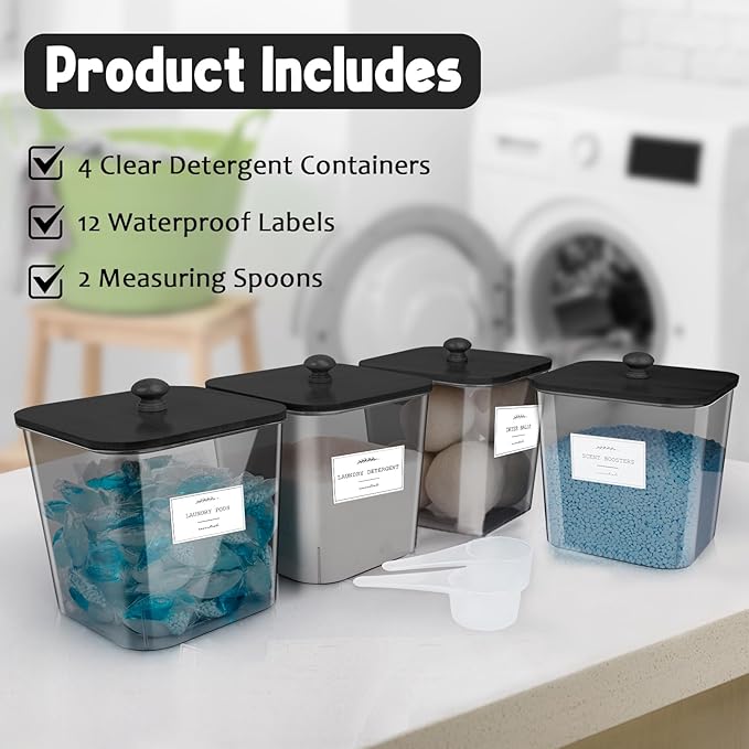 4 Pack Laundry Pods Container & Powder Detergent Jars Set, Laundry Room Organization and Storage, Black Plastic Laundry pod holder with Lids, Scoops & Labels for scent booster, Dryer Balls, Beads