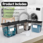 4 Pack Laundry Pods Container & Powder Detergent Jars Set, Laundry Room Organization and Storage, Black Plastic Laundry pod holder with Lids, Scoops & Labels for scent booster, Dryer Balls, Beads