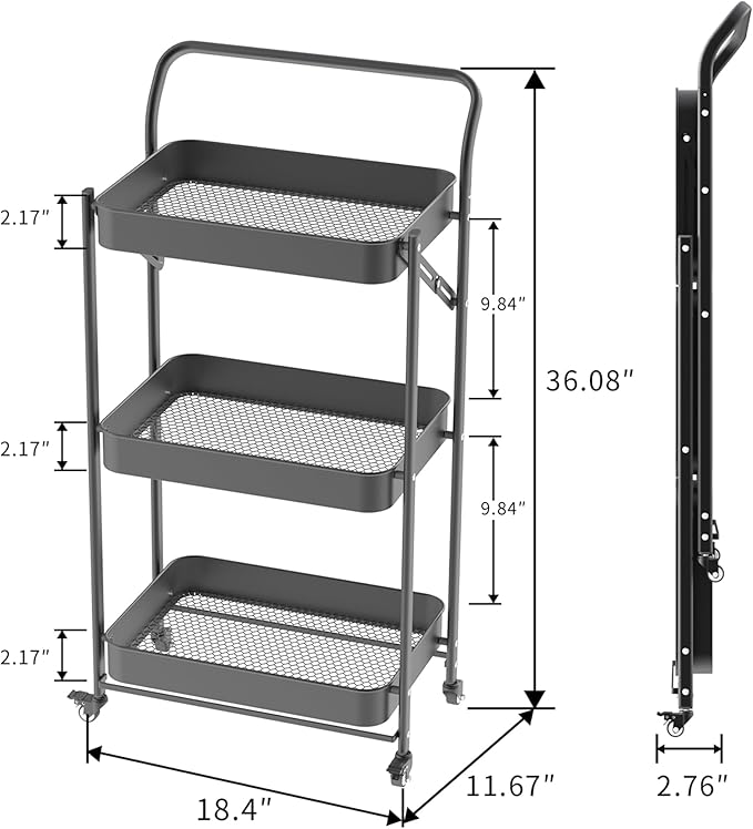 JAQ Foldable Rolling Cart, 3-Tier Metal Folding Storage Utility Carts Basket Rack with Removable Handle on Wheels for Snacks Books Fruits for Kitchen Dorm Pantry Bathroom - (Black, 3-Layer)