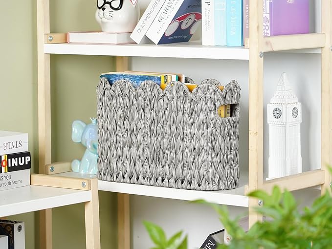 Grey Toilet Paper Storage Basket,Scalloped Baskets for Bathroom Organizers and Storage,Waterproof Plastic Wicker Basket for Bathroom,Laundry Room