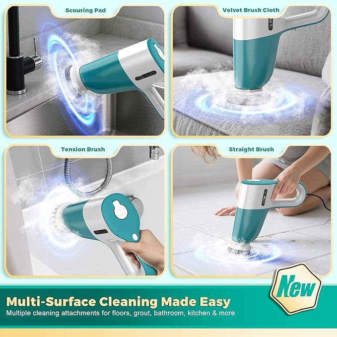 Steam Cleaner & Electric Spin Scrubber Combo, Effortless Design Steamer with 11 Accessories, 2 Modes & Detachable Long Handle, Multi-Surface Cleaning Tool for Floor, Tile, Grout, Bathroom & Car