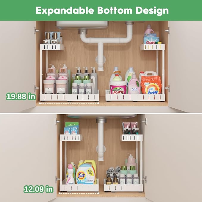 REALINN Under Sink Organizer, 2 Tier Expandable Under Cabinet Organizer, Heights Adjustable Pull Out Storage for Kitchen Bathroom Laundry, White, 2 Pack