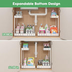 REALINN Under Sink Organizer, 2 Tier Expandable Under Cabinet Organizer, Heights Adjustable Pull Out Storage for Kitchen Bathroom Laundry, White, 2 Pack