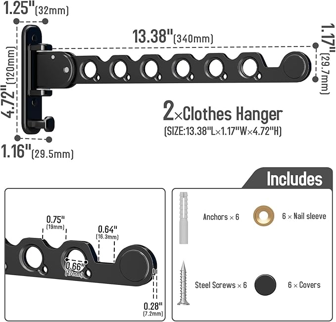 Danpoo Clothes Drying Rack Foldable Wall Mounted Laundry Drying Rack Clothing Coat Hanger Clothes Dryer Black