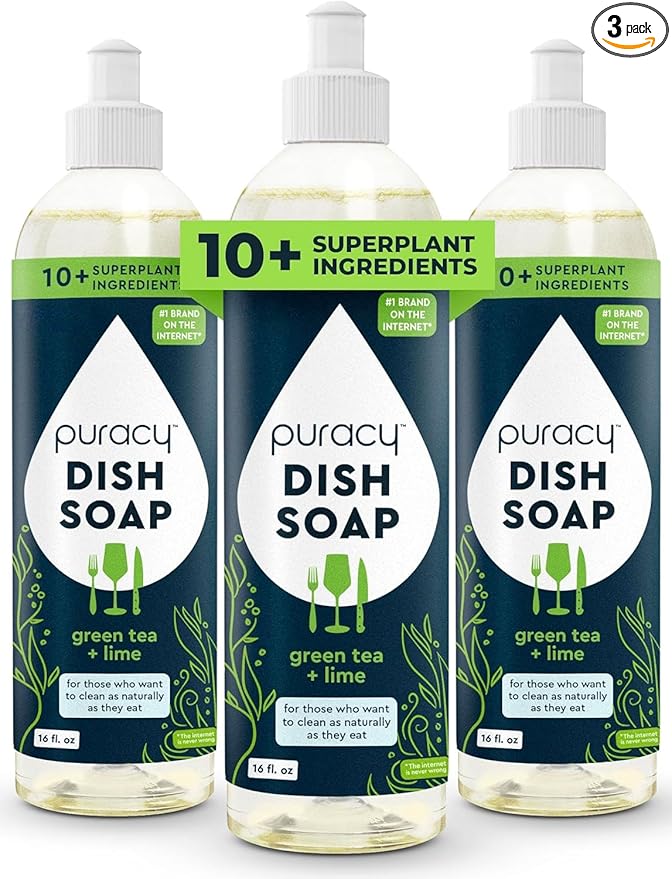 Puracy Natural Dish Soap Packs- Skin-Softening Plant-Based Dishwashing Soap, Non-Toxic Dish Soap, Organic Liquid Dishwashing Detergent Soap (Green Tea & Lime, 16 fl oz, 3 Pack)