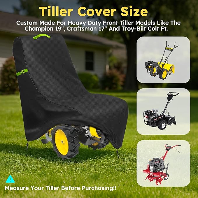 Tiller Cover, Rototiller Covers, 420D Silver-Coated Waterproof Fabric, Adjustable Drawstring Hem, Green Handle & Rear Waist Band – Fits Most Tillers (Black, Gas Tiller Cover)