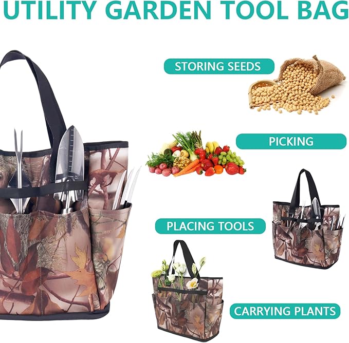 Garden Tool Set, 7 Pcs Floral Gardening Set for Women Leaf Camouflage Gardening Kit with Garden Tool Bag, Trowel, Weeder Fork, Hand Rake, Pruning Shears, Cultivator, Transplanter