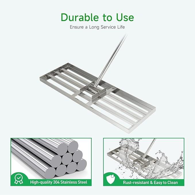 GreatBuddy Lawn Leveling Rake 30'' x 10", Heavy-Duty Stainless Steel Lawn Leveling Tool for Lawn, Soil, Sand, 78'' Extra Long Handle, Ideal for Yard, Garden