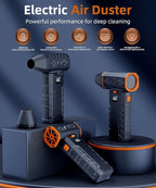 Compressed Air Duster - 100 - Gear Adjustable 130,000 RPM Rechargeable Cordless Electric Air Duster with Display Screen, Mini Dust Blower for Computer, Keyboard, Home, Car Cleaning (Black + Orange)