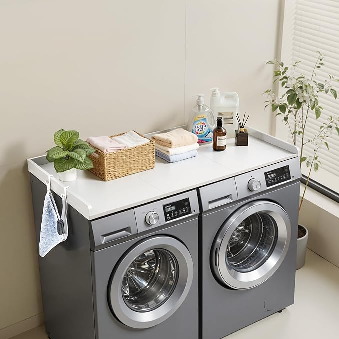 VEVOR Washer Dryer Countertop with 3 Splicing Panels, 54" x 27" Wooden Washer and Dryer Countertop with 2 Hooks, Water-Resistant Laundry Topper for Laundry Room Organization and Storage, White