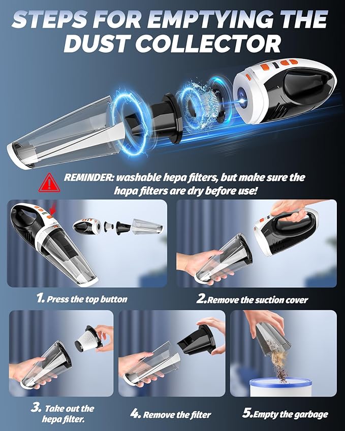 BRL Handheld Vacuum Cordless Car Vacuum Cleaner Rechargeable with LED, Hand Vacuum Lightweight, High Power Suction, Hand Held Vacuum Washable Filter and Multi-Nozzles for Car, Home Office, Pets