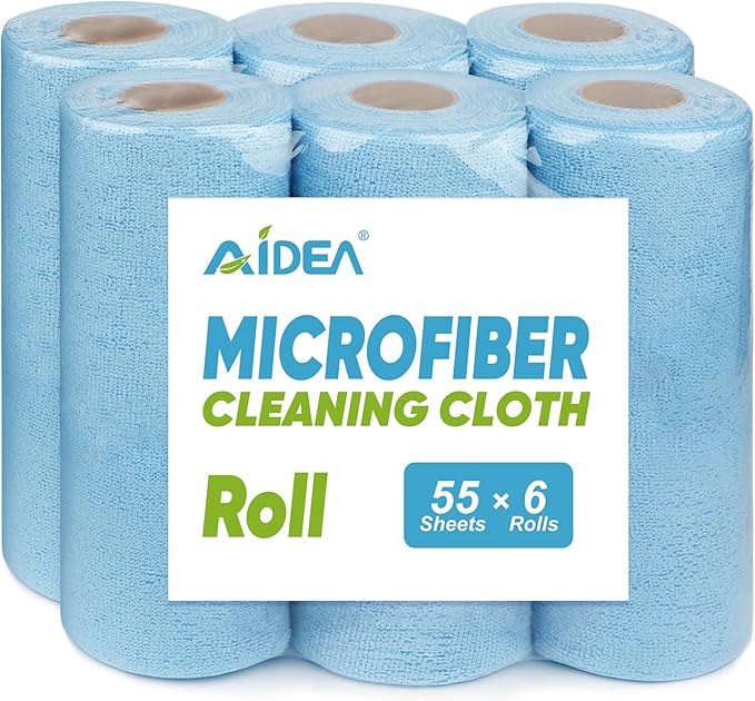AIDEA Microfiber Cleaning Cloth, Shop Towels 330 Sheets 6 Roll, Microfiber Towels for Cars, Blue Shop Rags Washable, Cleaning Rags Reusable Paper Towels for Automotive, Workshops, House,11×9"