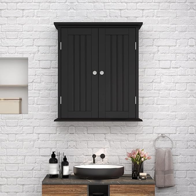 ChooChoo Bathroom Wall Cabinet Set of 2, Over The Toilet Space Saver Storage Cabinet, Medicine Cabinet with 2 Door and Adjustable Shelves, Cupboard, Black