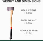 Adler Yankee Axe - German Forester's Axe with Leather Sheath, 3.5 lb Head, Anti-Slip 31.5" Hickory Handle with Red Stripe