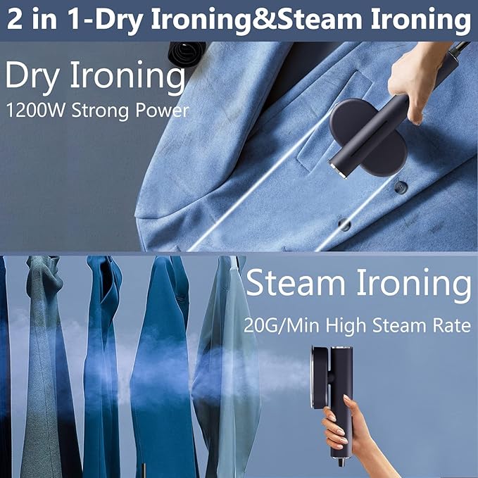 Portable Steamer For Clothes Travel Mini Steamer and Iron Fast 10s Heat-Up, Horizontal and Vertical 1200W Effortless Wrinkle Removal, Garment Steamer and Iron for Travel Office Home(110-120V)