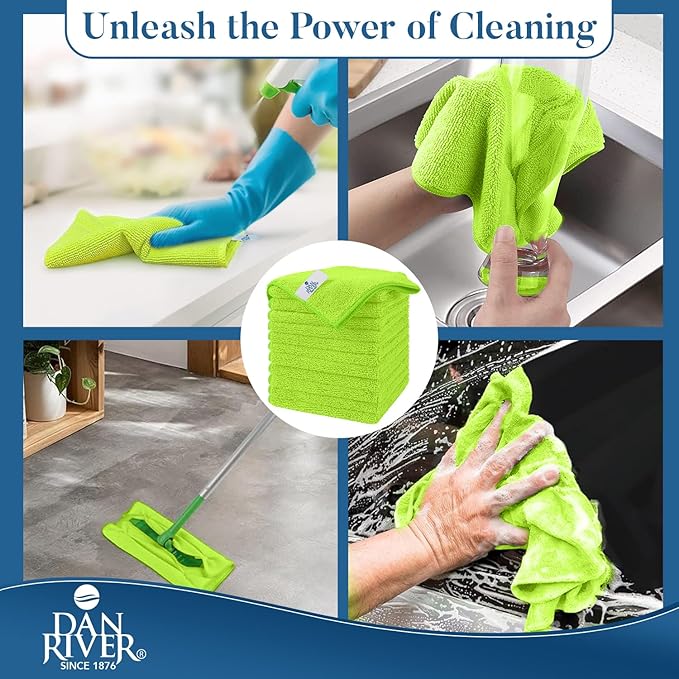 DAN RIVER 12-Pack Green Microfiber Towels – Ultra Absorbent, Lint-Free & Streak-Free Terry Cloth Rags for Home, Car & Kitchen - Must-Have Cleaning Essentials - 12" x 12"