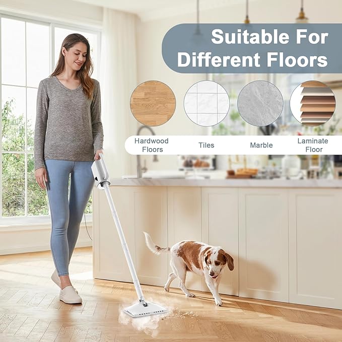 Steam Cleaner, 6 in1 Rotated Steam Mop Cleaner with 2 Modes, 2 Microfiber Pads, 400ML Removable Tank, 23FT Power Cable, Detachable Steam Mops for Floor, Laminate Floor, Tiles Cleaning (White)