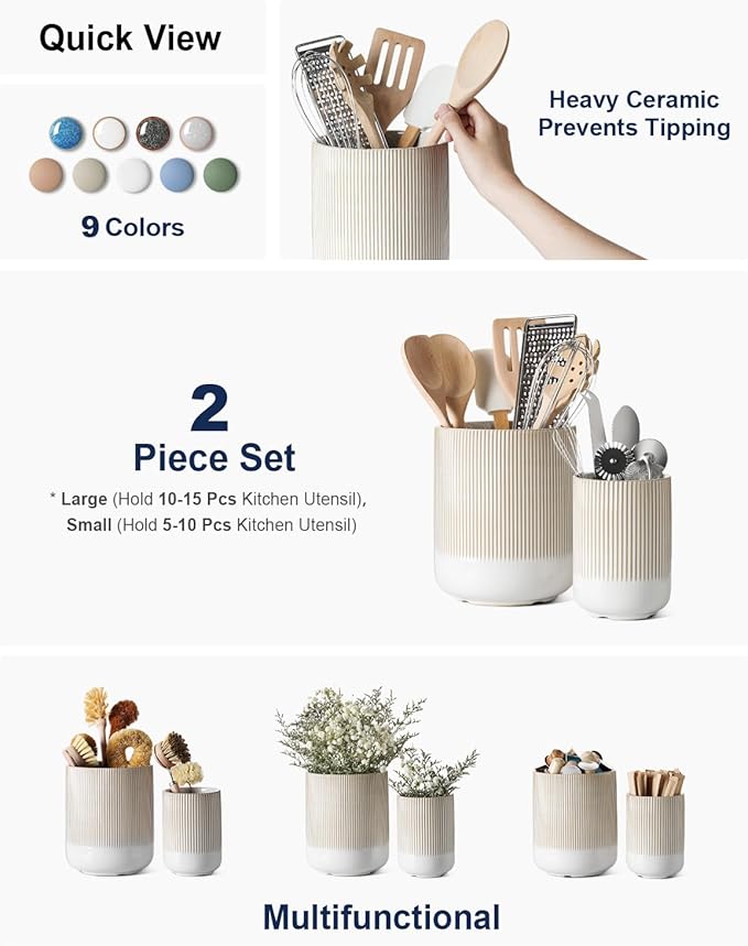 LE TAUCI Utensil Holder for Kitchen Counter, 7.3"+5.4" Fluted Ceramic Utensil Crock Organizer for Countertop, Heavy Large Holder for Spatulas, Spoons, Set of 2, Warm White Glaze