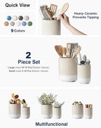 LE TAUCI Utensil Holder for Kitchen Counter, 7.3"+5.4" Fluted Ceramic Utensil Crock Organizer for Countertop, Heavy Large Holder for Spatulas, Spoons, Set of 2, Warm White Glaze