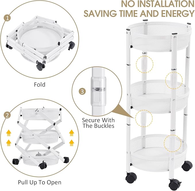 TOOLF 3-Tier Foldable Rolling Cart, Collapsible Metal Utility Cart with Wheels, No Assemble, Multifunction Storage Organizer Trolley for Kitchen, Bathroom, Dorm, Nursery, White