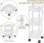 TOOLF 3-Tier Foldable Rolling Cart, Collapsible Metal Utility Cart with Wheels, No Assemble, Multifunction Storage Organizer Trolley for Kitchen, Bathroom, Dorm, Nursery, White