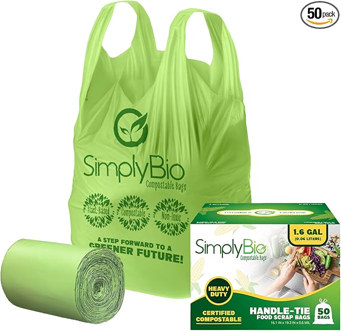 1.6 Gallon Compostable Trash Bags Liners Handle, Heavy Duty Extra Thick 0.6 Mil, 6.06 Liter, 50 Bags, Small Kitchen Food Scrap Waste Bag, ASTM D6400, US BPI and OK Compost Home Certified