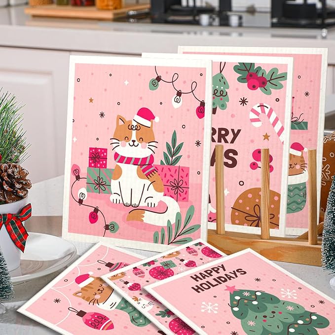 6 Pack Swedish Dishcloths for Kitchen |Watercolor Dish Towels | Reusable Paper Towels Washable | Non-Scratch Cellulose Sponge Cloths | No Odor, Biodegradable, Swedish Cloths, Pink Cat