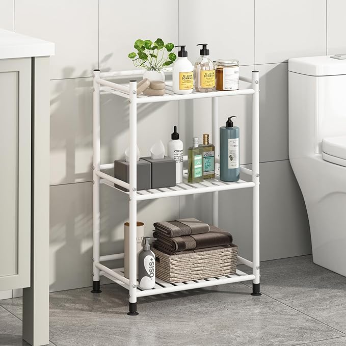 3 Tier Bathroom Storage Open Shelf Unit, Free-Standing Metal Corner Rack Shelving for Kitchen, Living Room, Hallway (White, Wider 3 Tier)