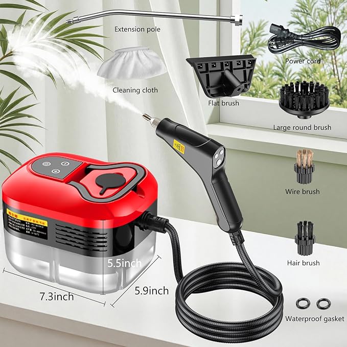 Handheld Steam Cleaner, Portable Steamer for Cleaning with 9pcs Accessories, 6-Level Adjustable Handle, 12s Heat-Up, 1200ml Tank, Steam Cleaner for Home,Dirt,Grout,Tile,Floor,Couch and Car (Red)