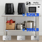 Hally Stainless Steel Table for Prep & Work 30 x 60 Inches, NSF Commercial Heavy Duty Table with Undershelf and Backsplash for Restaurant, Home and Hotel