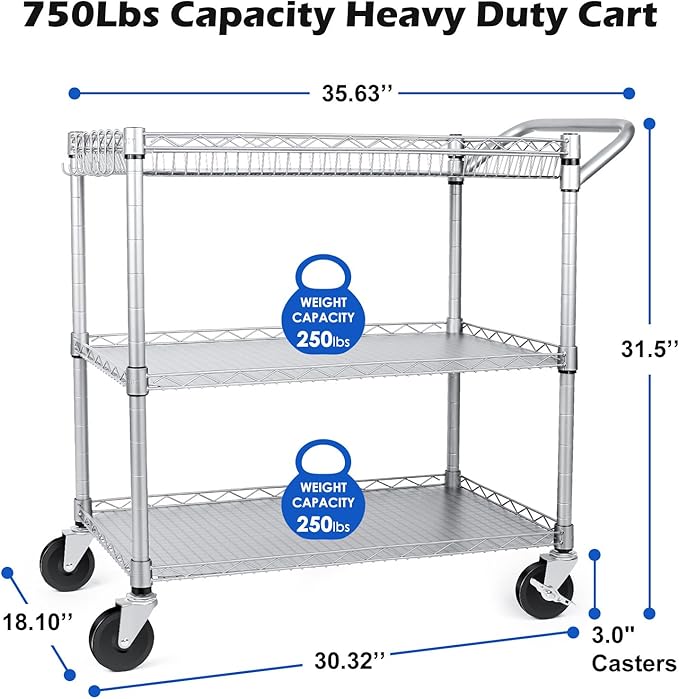 WDT Heavy Duty 3 Tier Utility Cart,Wire Rolling Carts with Wheels, Commercial Grade Service Cart with Shelving Liners and Handle Bar Metal Carts for Kitchen Office Hardware (750LBS Capacity Silver)