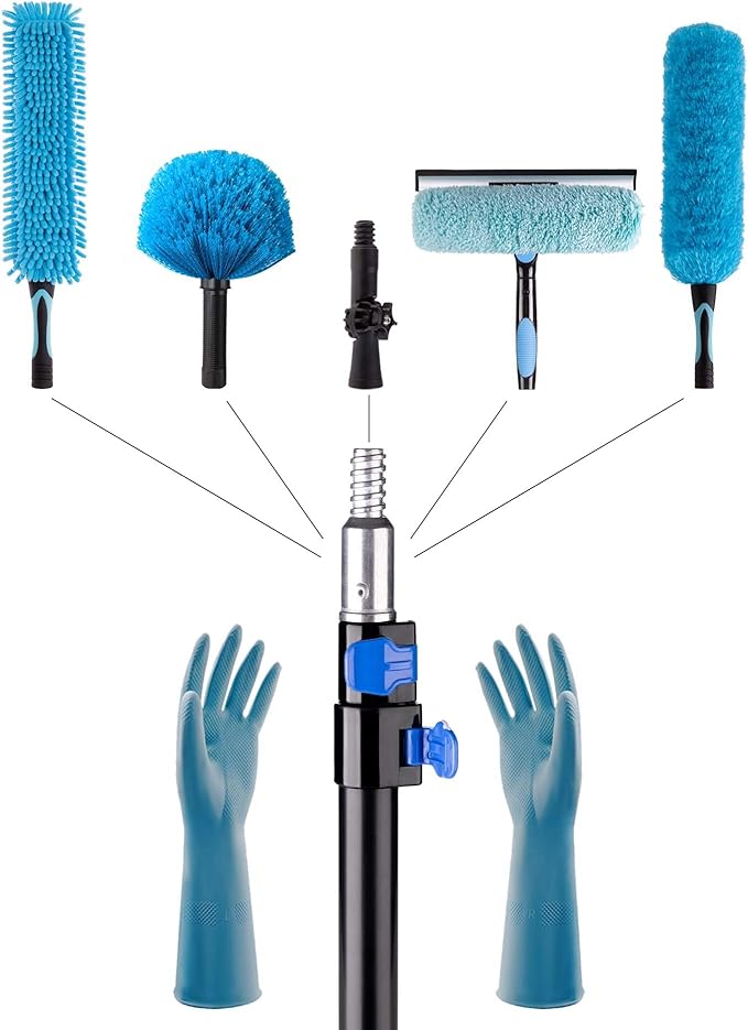 20 Foot High Reach Ceiling Fan Duster with 5-12ft Heavy Duty Extension Pole, Microfiber Feather, Cobweb Duster, Window Squeegee Kit, Cleaning Gloves