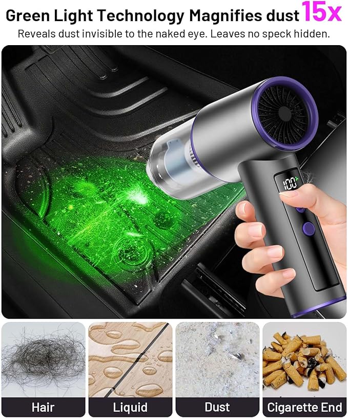 Upgrade 4in1 Greenlight Dust Detection Technology Cordless Car Vacuum Cleaner, High Power 15000PA Handheld Vacuum Portable with LED Display, Multi-Nozzles for Car, Home,Office,Camping
