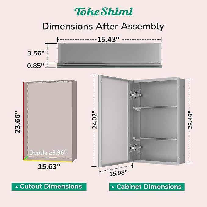 TokeShimi 14x24 Bathroom Mirror with Storage Tempered, Aluminum Silver Recessed Medicine Cabinet with Mirror Frameless Stepless Adjustable Shelf, Surface Mount Medicine Cabinet for Bathroom