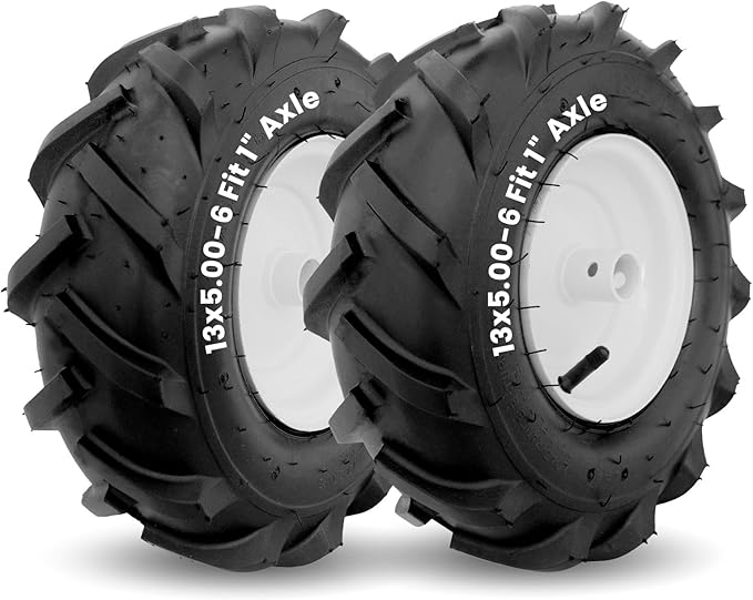 MZREXN 13x5.00-6" Tiller Tire and Wheel 2 Pack, 1" Axle Size, 3-1/8" Offset Hub, 4Ply Pneumatic, Compatible with Garden Trailer, Lug Tractor & Trencher, Tillers, and Lawn Mover Replacement Tire