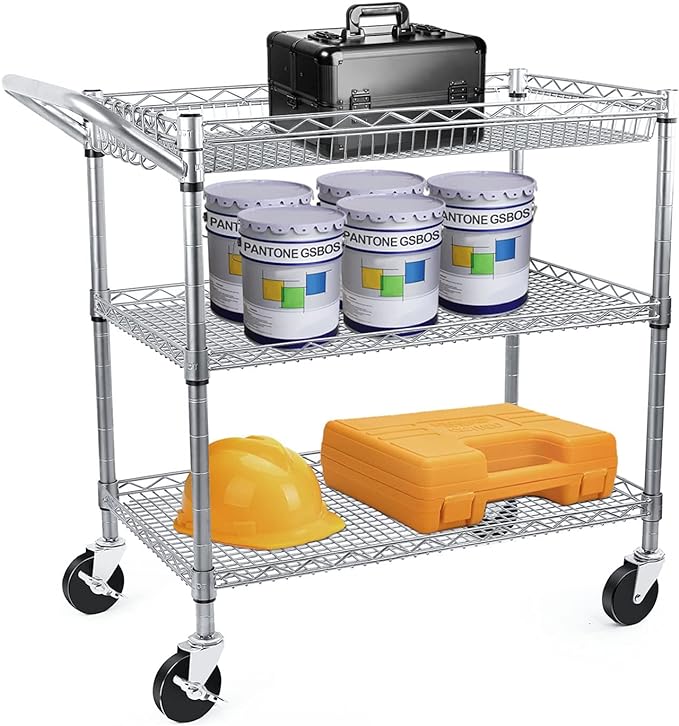 WDT Heavy Duty 3 Tier Utility Cart,990Lbs Capacity Wire Rolling Cart with Wheels, Commercial Grade Service Cart with Shelving Liners and Handle Bar Metal Carts for Kitchen Office Hardware, NSF Listed