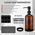 Kitchen Soap Dispenser Set with Instant Dry Tray & Sponge Holder,16 Oz Hand and Dish Soap Amber Glass Dispenser Set,Stainless Steel Pump,Waterproof Labels,Luxury Soap Bottle for Bathroom