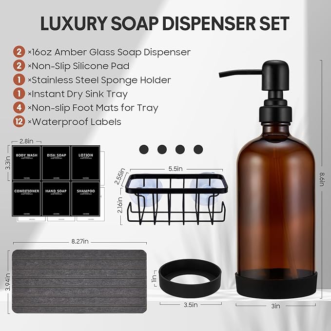 Kitchen Soap Dispenser Set with Instant Dry Tray & Sponge Holder,16 Oz Hand and Dish Soap Amber Glass Dispenser Set,Stainless Steel Pump,Waterproof Labels,Luxury Soap Bottle for Bathroom