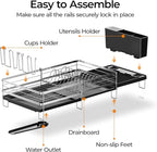 Delamu Stainless Steel Dish Drying Rack, Expandable Dish Drainer, Anti-Rust Large Dish Racks for Kitchen Counter, Dish Strainers with Drainboard, Utensil Holder & Cup Holder, 13.4"-28.7" L x 11.8" W