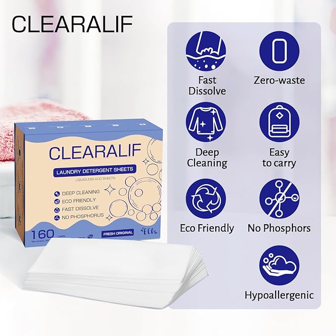 CLEARALIF Laundry Detergent Sheets Up to 160 Loads, Fresh Original - Great For Travel,Apartments, Dorms,Laundry Detergent Strips Eco Friendly & Hypoallergenic