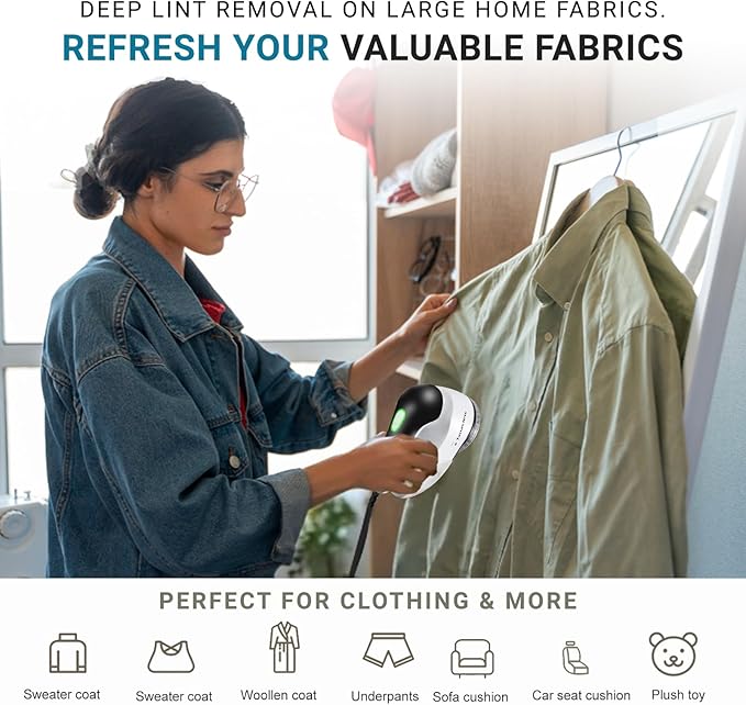 Power Corded Electric Fabric Shaver, No Battery, Pilling & Fuzz Remover for Clothes, Furniture, Couch, Sweaters - 6 Leaf Blades - Portable Defuzzer, Depiller with Stainless-Steel Blades