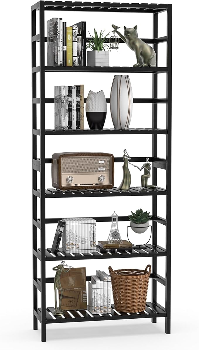 VASMIA 6-Tier Bamboo Shelf,Bamboo Storage Shelving Unit,Tall Bookcase with Adjustable Shelves,Multipurpose Storage Display Shelf for Bathroom, Living Room, Balcony, Kitchen,Black