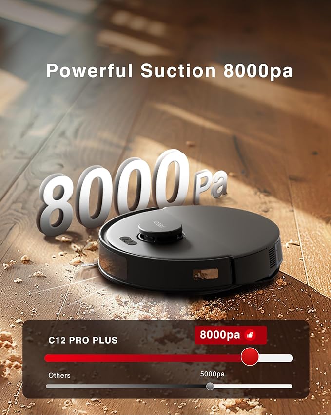 Yeedi C12 PRO Plus Robot Vacuum and Mop, 8000Pa Strong Suction, Vibrating Mopping, 7-Week Dust Storage, Bagless Dust Container, ZeroTangle Brush, Black