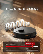 Yeedi C12 PRO Plus Robot Vacuum and Mop, 8000Pa Strong Suction, Vibrating Mopping, 7-Week Dust Storage, Bagless Dust Container, ZeroTangle Brush, Black