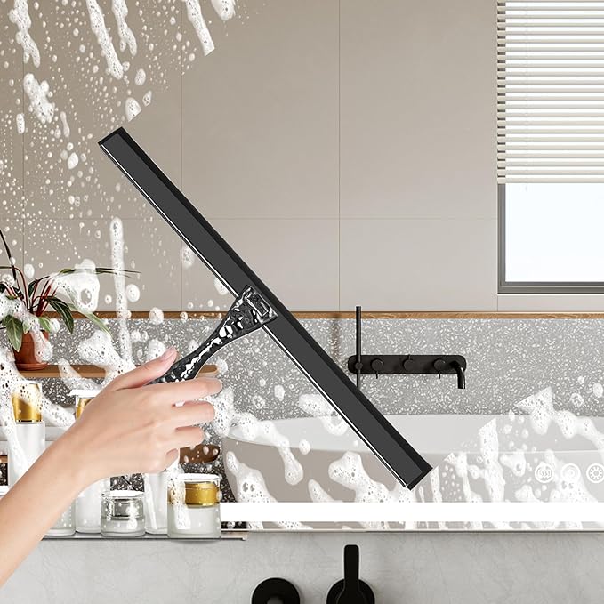 All-Purpose Silicone Shower Squeegee for Shower Glass Door,with 1 Hooks,for Bathroom Glass, Car, Tile Wall, Mirror Cleaning - Flower Shaped Handle for Easy-Grip 10 Inch Black