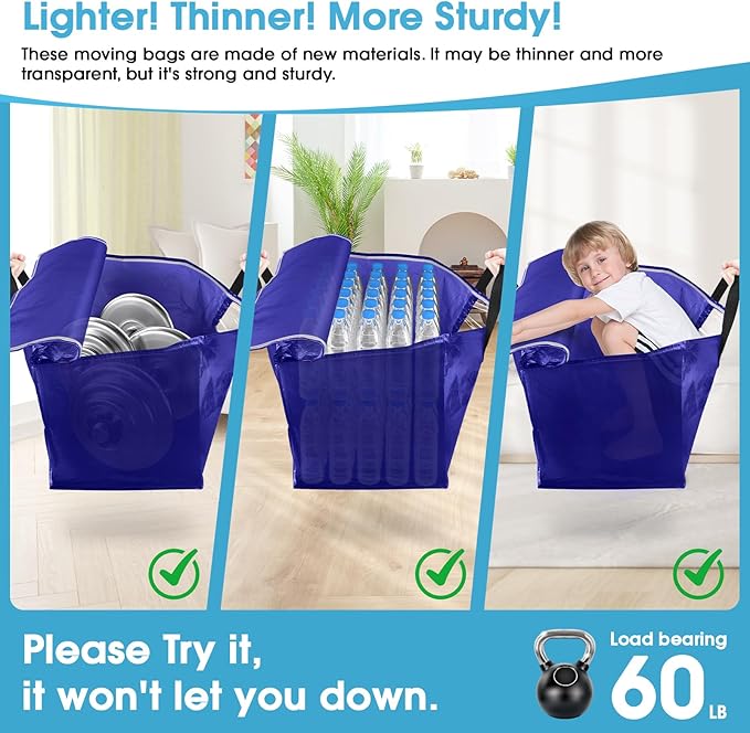 BlissTotes 6 Pack Moving Bags with Clear Window, Storage Bags with Strong Carrying Handles & Zippers,Large Packing Bags for Saving Space, Alternative to Moving Boxes(Blue,24 Gallon)