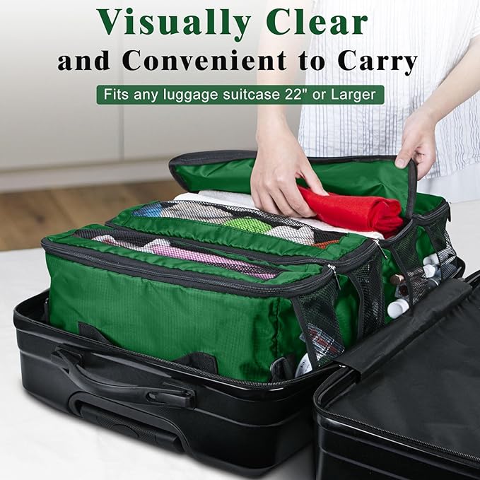 Suitcase Organizer - Carry On Closet Luggage Organizers Accessories - Foldable & Hangable Portable Hanging Travel Shelves with Shoulder Strap - Medium, Green