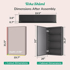 TokeShimi 20 x 32 Recessed Medicine Cabinet Mirror Surface Mount Aluminum, Tempered Frameless Bathroom Mirror with Storage Adjustable, Black Bathroom Wall Cabinet for Vanity Modern
