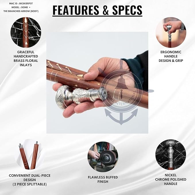 Deluxe Walking Sticks | Rosewood Crafted Cane with Solid Brass Chrome Decorative Bars | Nagina International