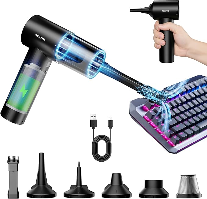 REIKIYA Car Vacuum Cleaner Portable Cordless 14000PA Compressed Air Duster 150000RPM Blower for Keyboard Computer Cleaning with LED Light& 7800mAh Battery, Inflator Pump for Balls Inflatable Mattress